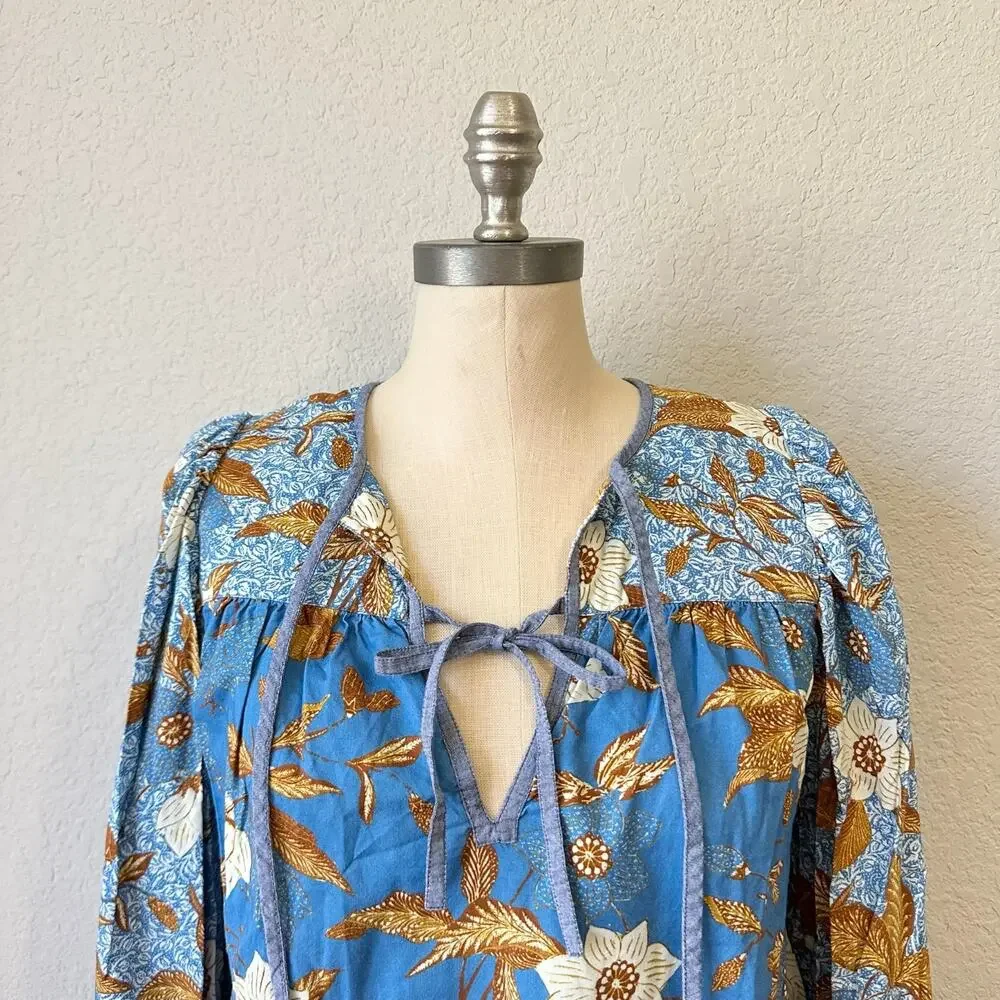 ULLA JOHNSON Joanie Blouse Lapis Blue Floral Puff Long Sleeve Boho